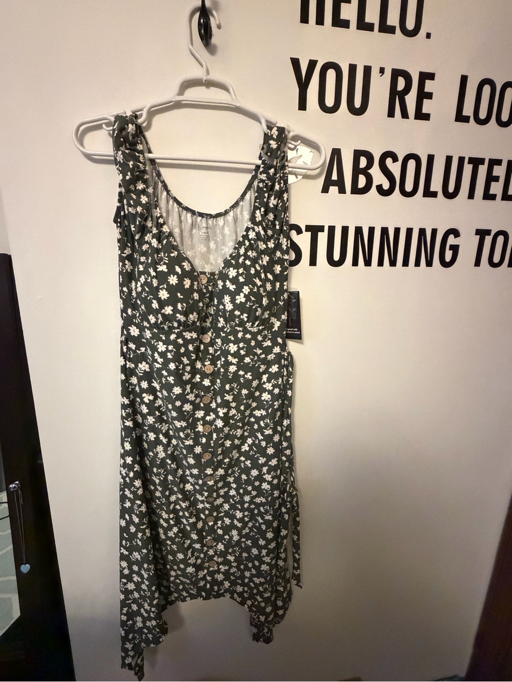 wonder nation Olive Green Floral Midi Dress with White Daisy Print